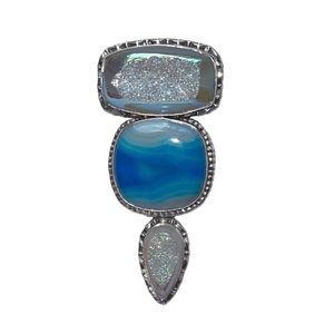 Jay King Sterling Silver 3 Stone Blue Apatite and White Opal Agate Druzy Pendant